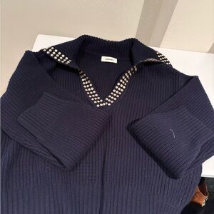 Sandro Dark Blue V-Neck Sweater with Studded Detail